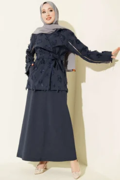 Zippered Fringe Dress Set Navy Blue