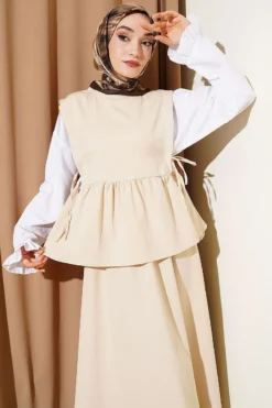 Alternative view of Side Tied Skirt Set with Sleeve Detail Beige