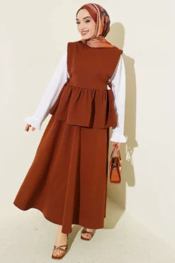 Side Tied Skirt Set with Sleeve Detail Brown