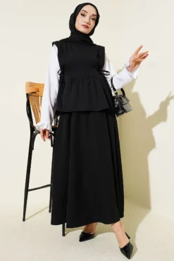 Side Tied Skirt Set with Sleeve Detail Black
