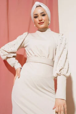 Alternative view of Dress with Sleeve Pearls and Belt Stone