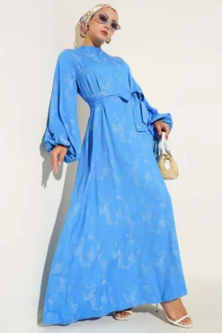 Elastic Cuff Patterned Dress Blue