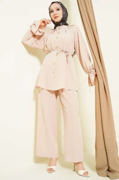 Cuff Detail Rose Embellished Two-Piece Set Beige