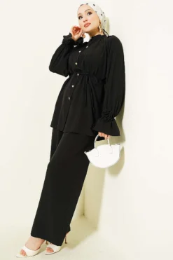 Alternative view of Cuff Detail Rose Embellished Two-Piece Set Black