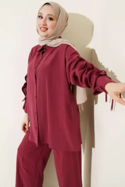 Sleeve Tunnel Gathered Two-Piece Set Burgundy wholesale clothing set - Hicabistan Turkey factory