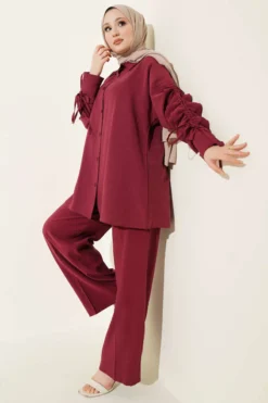 Sleeve Tunnel Gathered Two-Piece Set Burgundy wholesale clothing set view 2 - Hicabistan Turkey factory