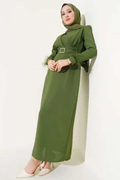Feathered Belted Dress Khaki