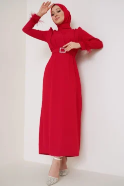 Feathered Belted Dress Red