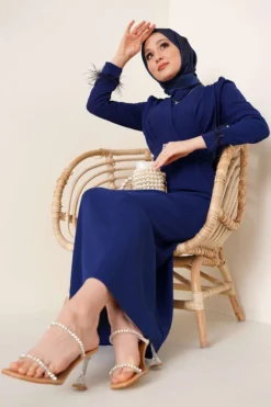 Feathered Belted Dress Navy Blue