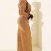 Feathered Glitter Evening Dress Gold all'ingrosso dress view 3 - Hicabistan fabbrica Turchia
