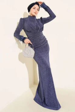 Feathered Glitter Evening Dress Blue wholesale dress view 2 - Hicabistan Turkey factory