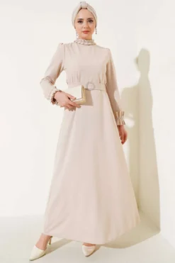 Pleated Stone Dress Beige