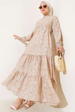 Dress with Ribbed Sleeve and Neckline Pattern Beige