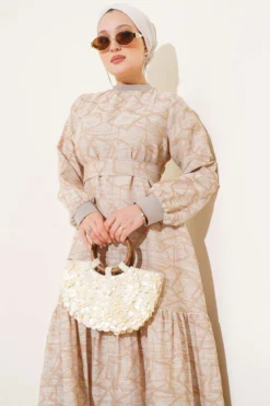 Alternative view of Dress with Ribbed Sleeve and Neckline Pattern Beige