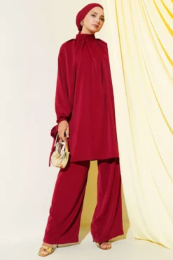 Alternative view of Tie-Belt Two-Piece Set Burgundy