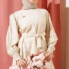 Pleated Sleeve Belted Two-Piece Set Beige wholesale clothing set view 2 - Hicabistan Turkey factory