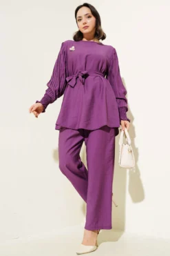 Pleated Sleeve Belted Two-Piece Set wholesale clothing set - Hicabistan Turkey factory