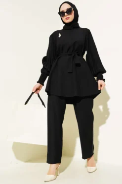 Pleated Sleeve Belted Two-Piece Set Black wholesale clothing set - Hicabistan Turkey factory