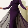 Cape Dress with Sequin Detail Purple al por mayor dress view 2 - Hicabistan fábrica Turquía