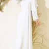 Dress with Stone-Embellished Sleeves and Belt Ecru