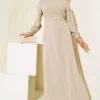 Dress with Stone Embellished Sleeves and Belt Beige
