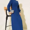 Dress with Stone Embellished Sleeves and Belt Indigo