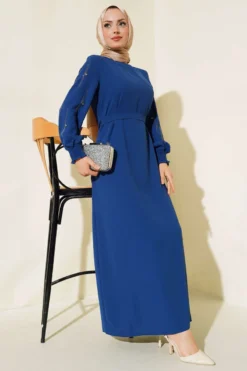 Dress with Stone Embellished Sleeves and Belt Indigo