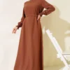 Dress with Stone Embellished Sleeves and Belt Tan