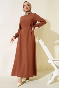 Dress with Stone Embellished Sleeves and Belt Tan