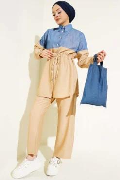 Denim Panel Buttoned Tunic Set Beige