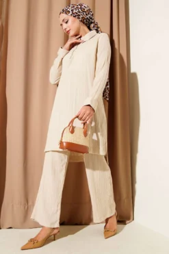 Crinkled Half-Zip Two-Piece Set Beige
