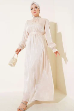 Crystal Stone Chiffon Dress Beige