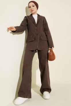 Buttoned Denim Two-Piece Set Brown