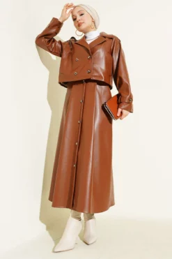 Wrap Neck Leather Skirt Set Tan