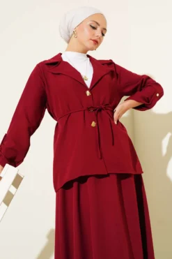 Double Set with Gold Button and Wrap Collar Burgundy wholesale clothing set view 2 - Hicabistan Turkey factory
