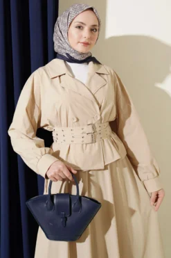 Wrap Neck Double Belted Skirt Set Beige all'ingrosso clothing set view 2 - Hicabistan fabbrica Turchia
