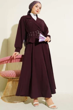 Wrap Neck Double Belted Skirt Set Plum all'ingrosso clothing set view 2 - Hicabistan fabbrica Turchia