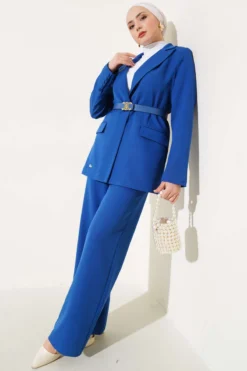 Wrap Collar Belted Jacket Set
