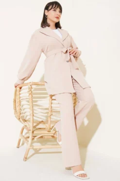Wrap Neck Belted Two-Piece Set Beige