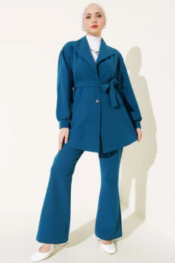 Wrap Neck Belted Two-Piece Set Petrol