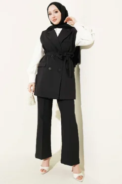 Wrap Collar Belted Vest Set Black wholesale clothing set - Hicabistan Turkey factory