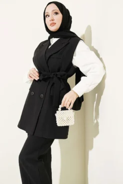 Wrap Collar Belted Vest Set Black wholesale clothing set view 2 - Hicabistan Turkey factory