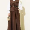 Wrap Neck Parachute Vest Skirt Set Brown