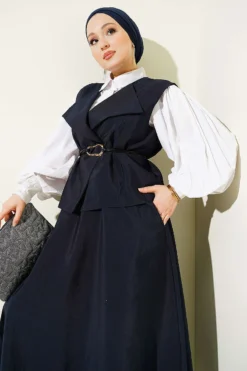Wrap Neck Parachute Vest Skirt Set Navy Blue