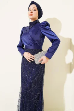 Wrap Neck Sequin Evening Dress Navy Blue بالجملة dress view 2 - Hicabistan مصنع تركيا