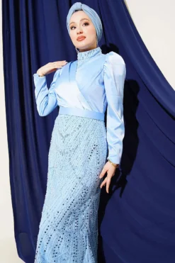Wrap Neck Sequin Evening Dress Blue بالجملة dress view 2 - Hicabistan مصنع تركيا