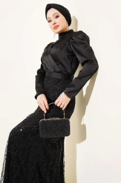 Wrap Neck Sequin Evening Dress Black بالجملة dress view 2 - Hicabistan مصنع تركيا