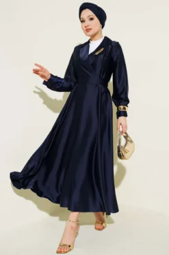 Wrap Neck Embellished Satin Evening Dress Navy Blue wholesale dress - Hicabistan Turkey factory