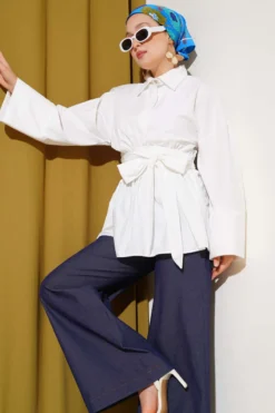 Belted Gathered Half Button Tunic White