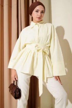 Belted Gathered Half Button Tunic Yellow